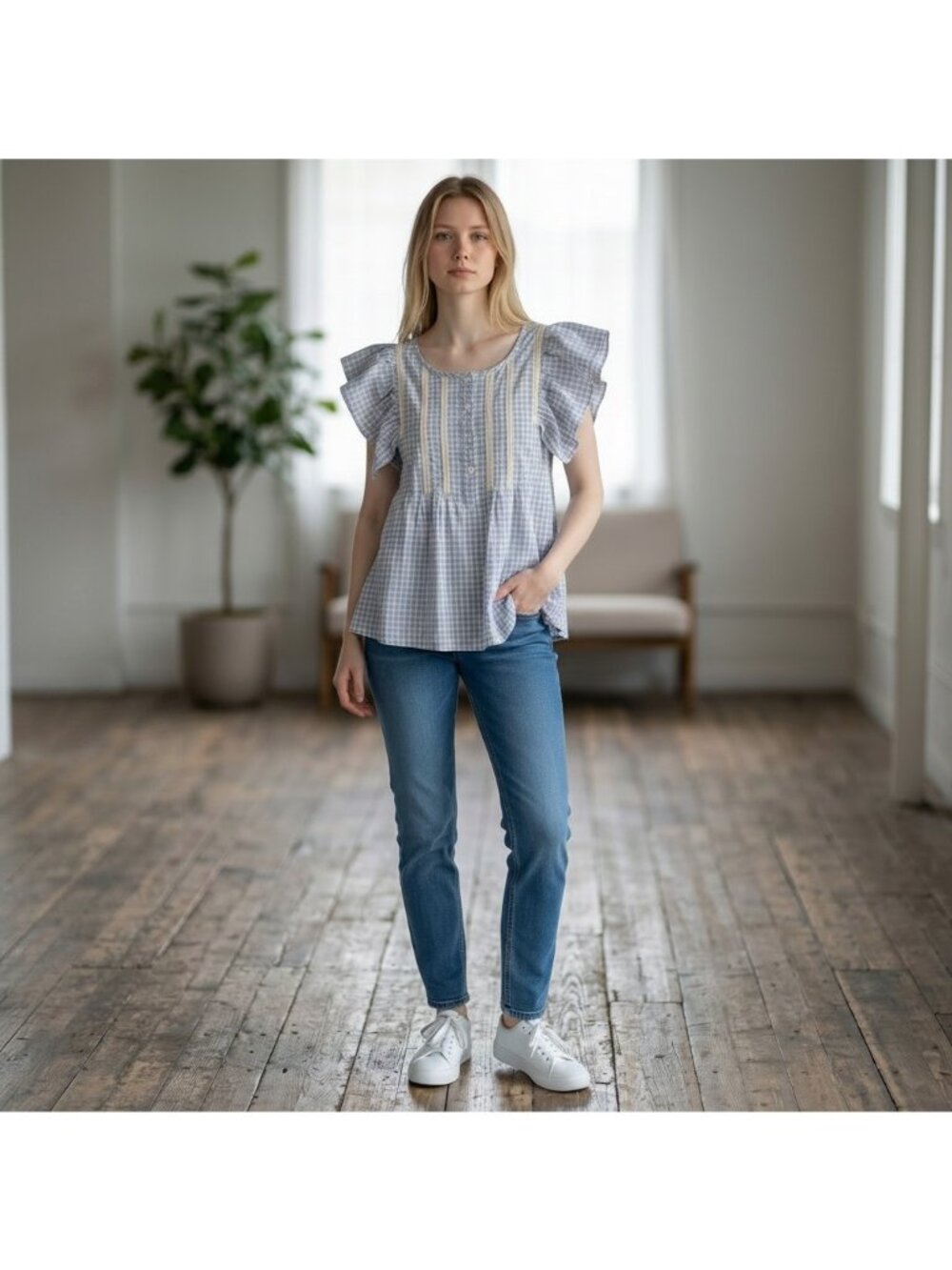 AnnieWear Top Women M Blue Gingham Flutter Sleeve Crochet Blouse Cottage Prairie